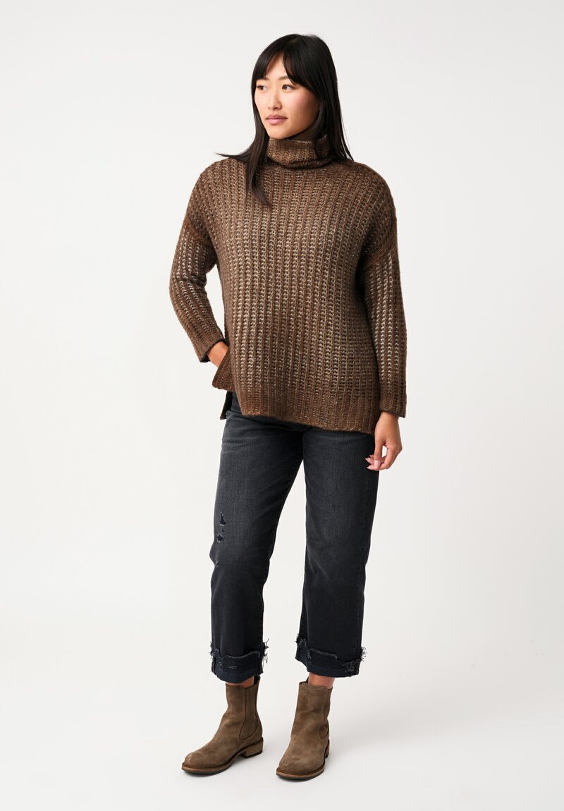 Avant Toi Cashmere & Silk Hand-Painted Pannocchia Turtleneck in Nero & Sughero Brown