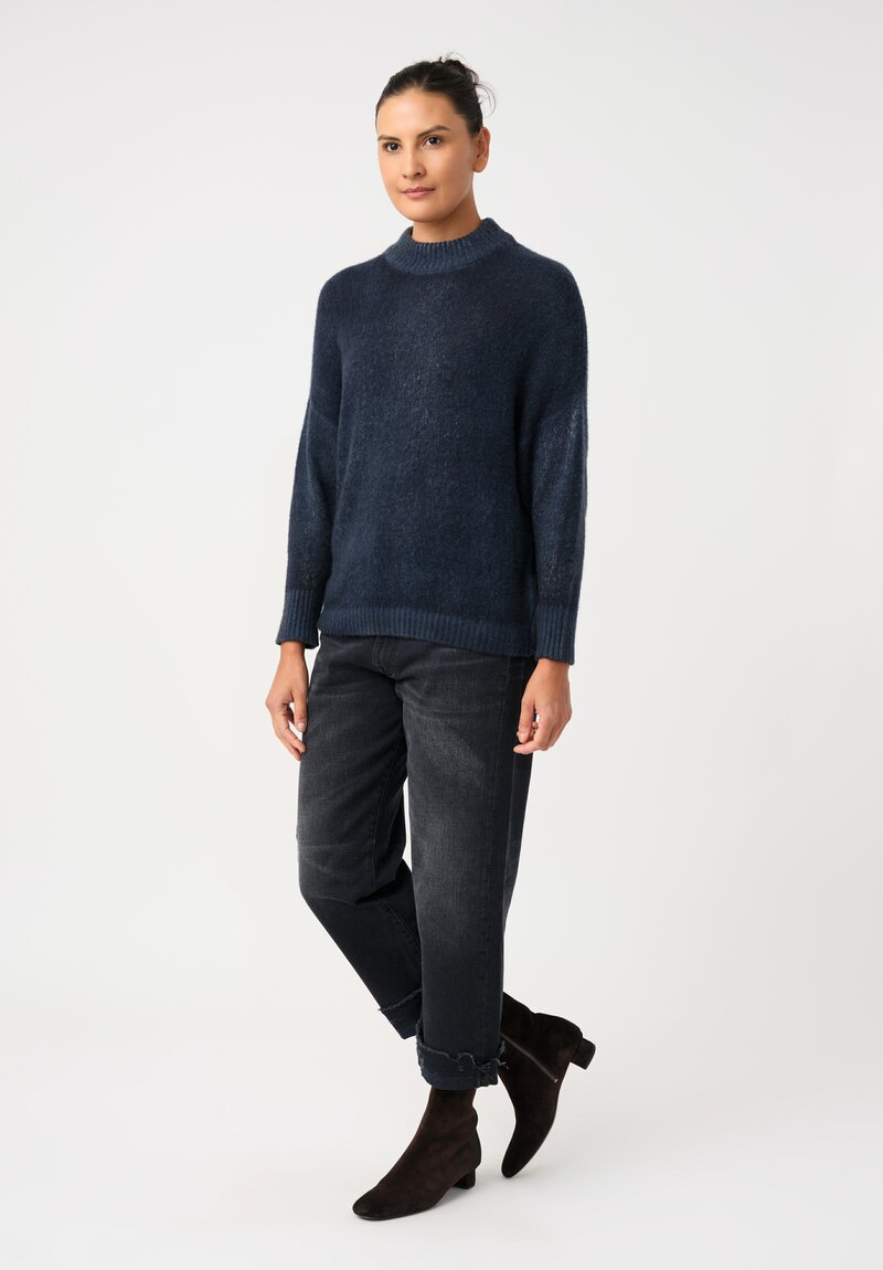 Avant Toi Cashmere & Silk Hand-Painted Luppetto Sweater in Nero & Fiume Blue