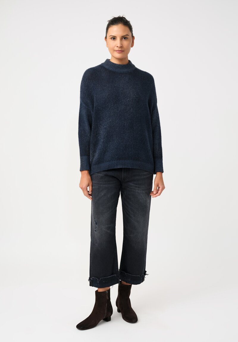 Avant Toi Cashmere & Silk Hand-Painted Luppetto Sweater in Nero & Fiume Blue