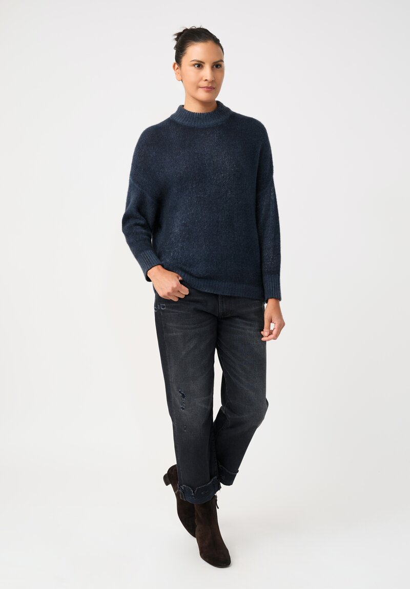 Avant Toi Cashmere & Silk Hand-Painted Luppetto Sweater in Nero & Fiume Blue