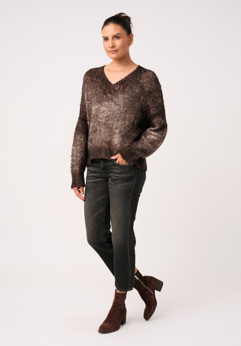 Avant Toi Cotton Garzata V-Neck Sweater in Carruba Brown