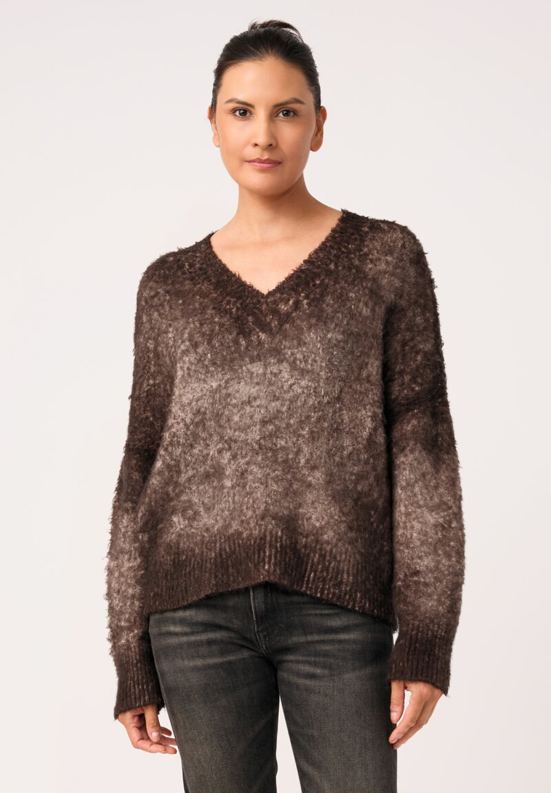 Avant Toi Cotton Garzata V-Neck Sweater in Carruba Brown
