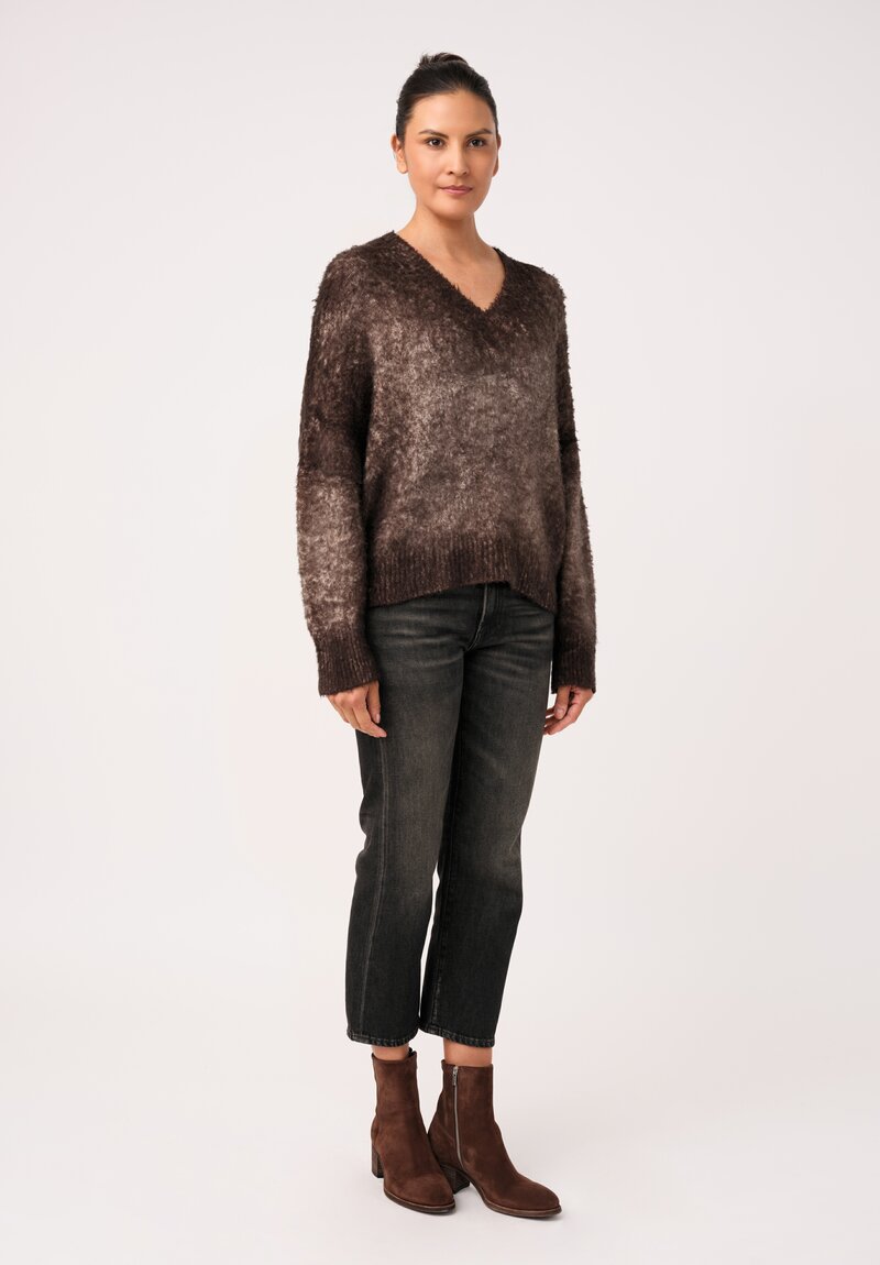 Avant Toi Cotton Garzata V-Neck Sweater in Carruba Brown