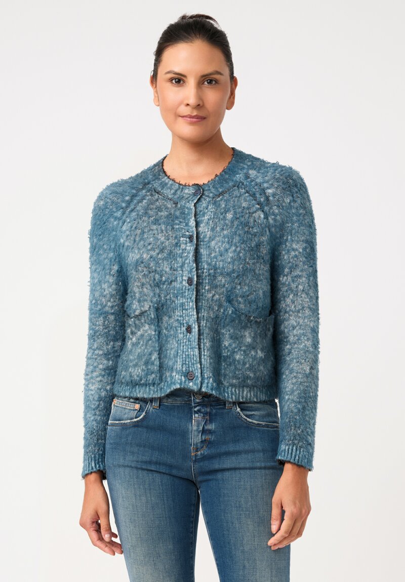 Avant Toi Cotton Garzata Cardigan in Nero & Fiume Blue