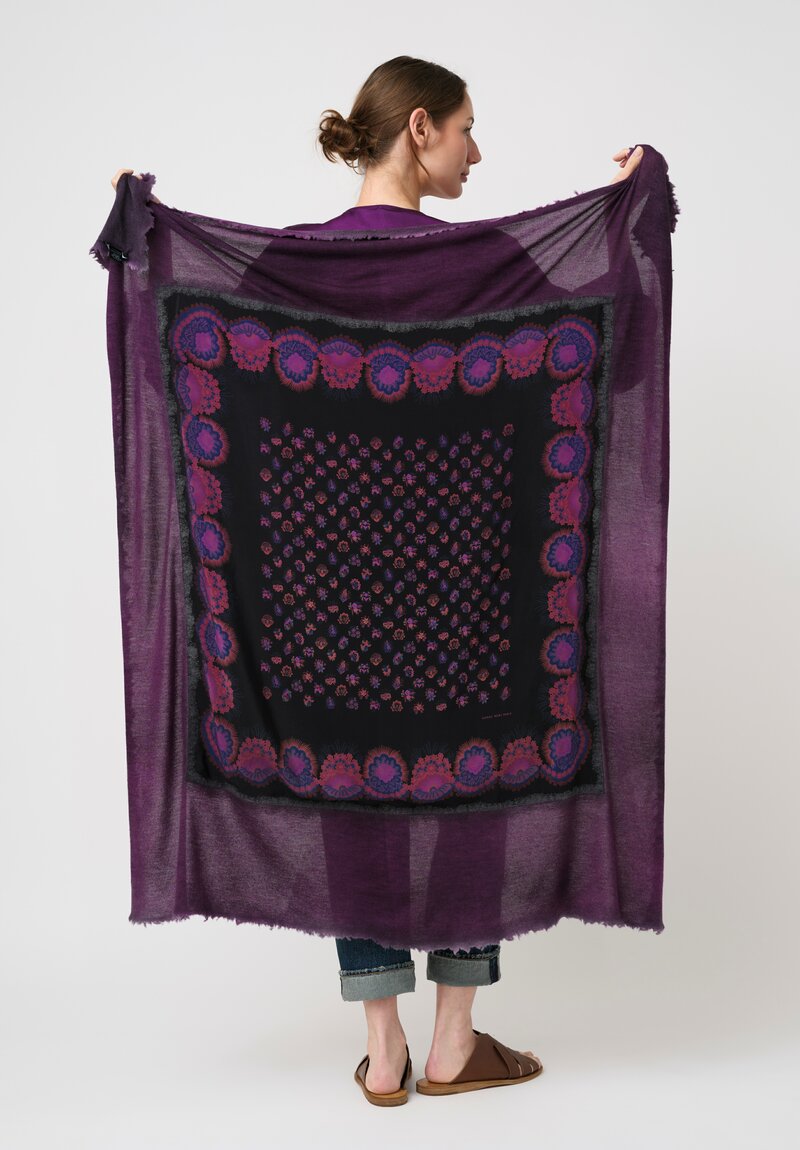 Avant Toi One-of-a-Kind Cashmere & Silk Quadrello Scarf in Nero & Floral Anemone Purple