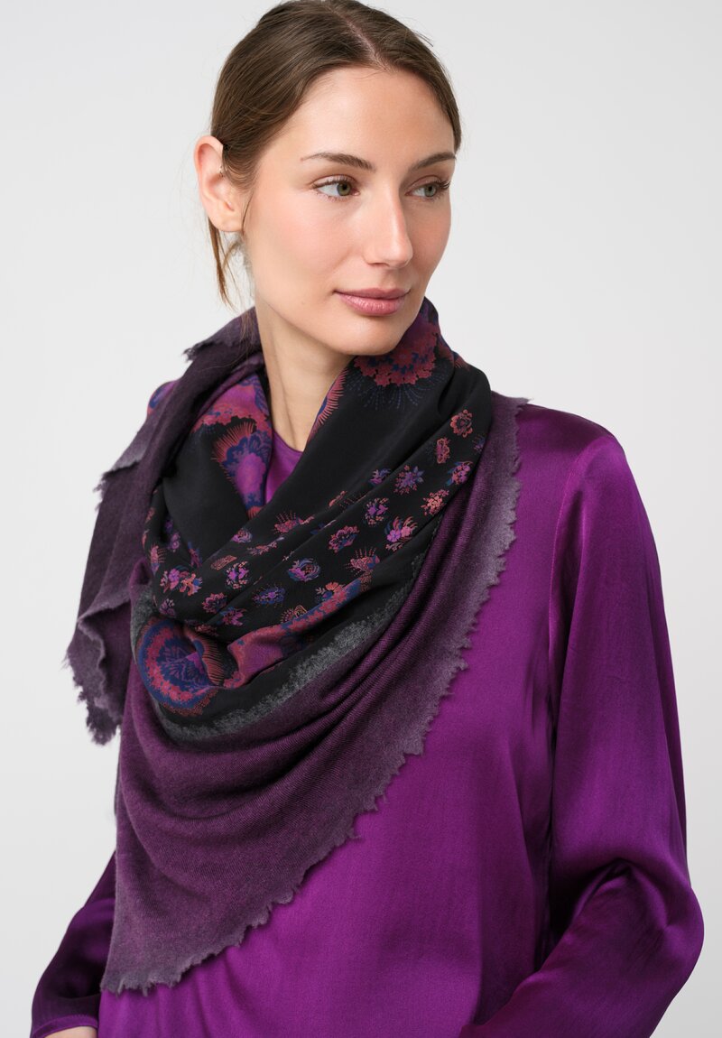 Avant Toi One-of-a-Kind Cashmere & Silk Quadrello Scarf in Nero & Floral Anemone Purple