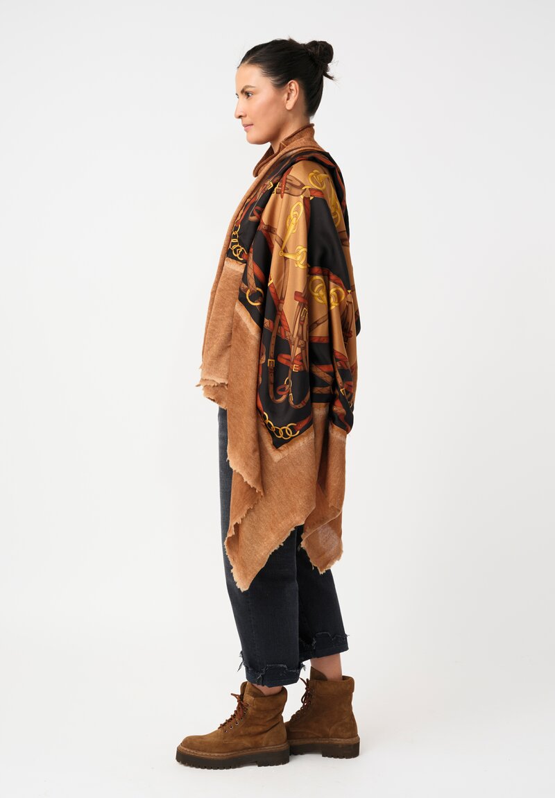 Avant Toi Cashmere & Silk One-of-a-Kind Quadrello Bridles Scarf in Nero & Antilope Brown