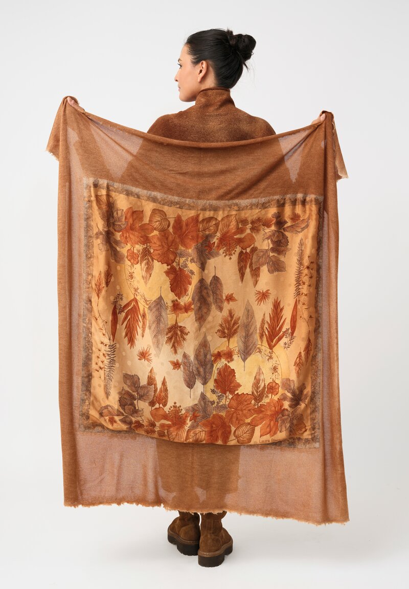 Avant Toi Cashmere & Silk One-of-a-Kind Quadrello Leaves Scarf in Nero & Antilope Brown