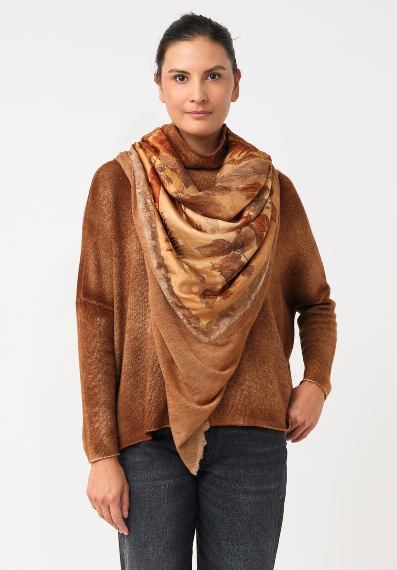 Avant Toi Cashmere & Silk One-of-a-Kind Quadrello Leaves Scarf in Nero & Antilope Brown