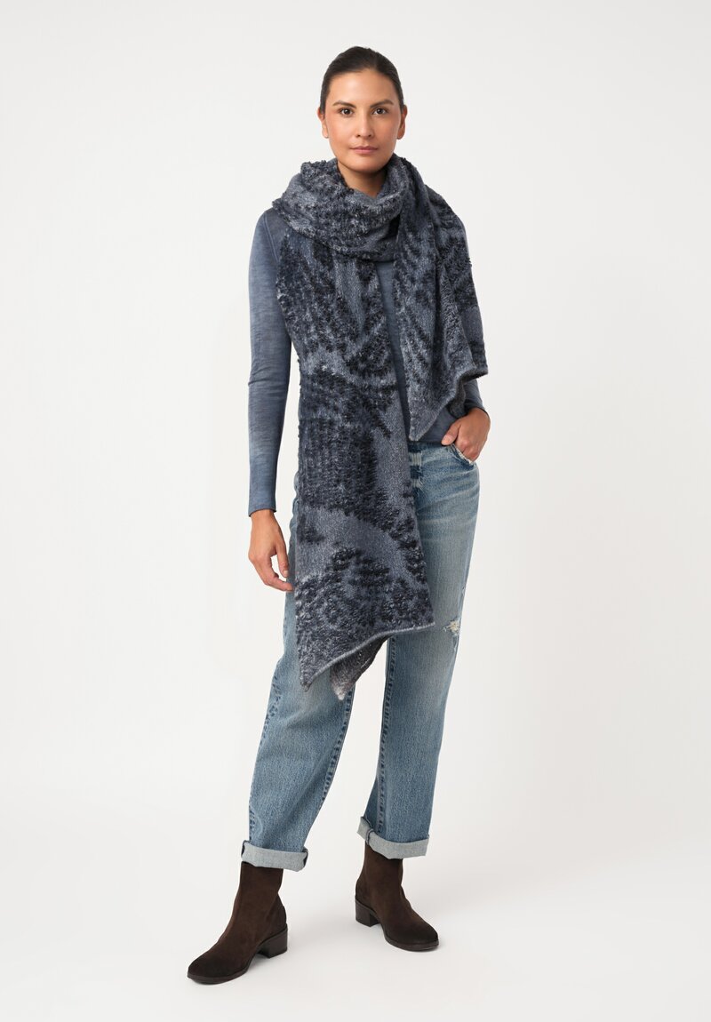 Avant Toi Hand-Painted Cashmere & Alpaca Jacquard Scarf Nero & Slate Blue
