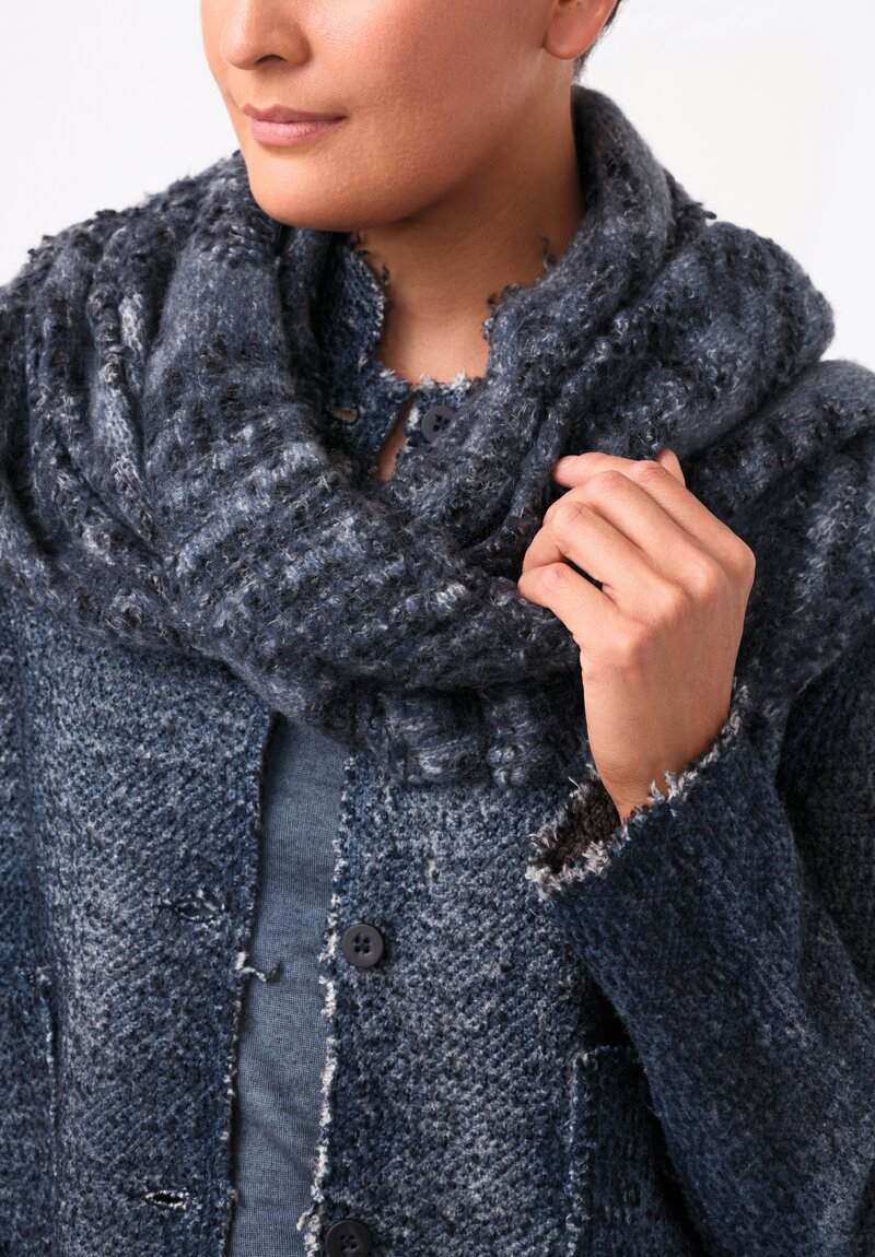 Avant Toi Hand-Painted Cashmere & Alpaca Jacquard Scarf Nero & Slate Blue