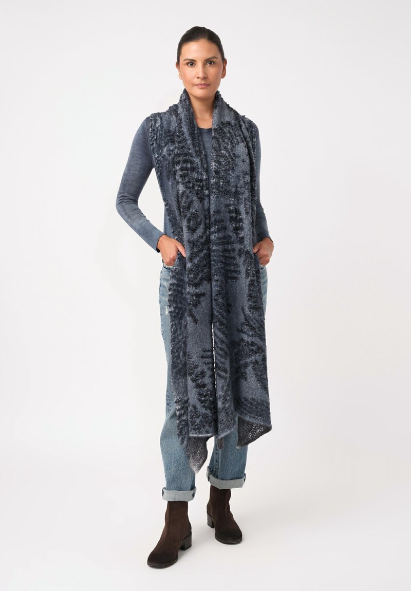 Avant Toi Hand-Painted Cashmere & Alpaca Jacquard Scarf Nero & Slate Blue