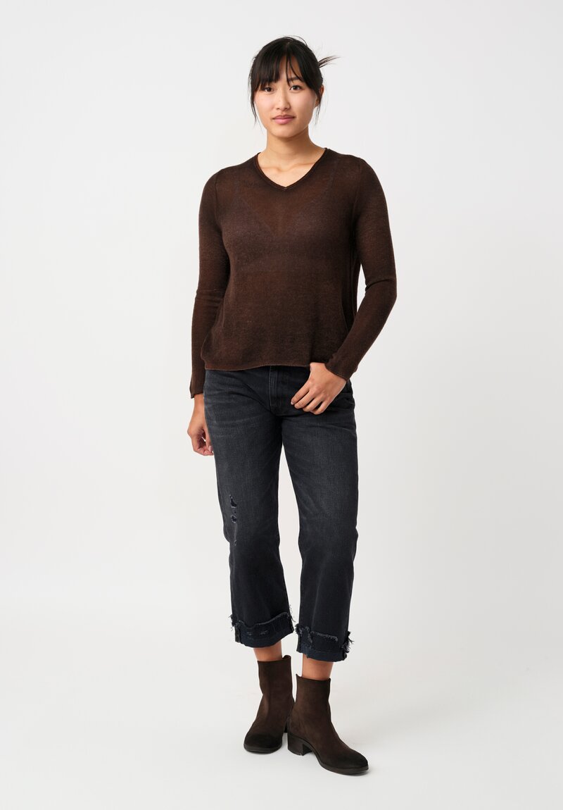 Avant Toi Cashmere V-Neck Garza Sweater in Nero & Brownie Brown