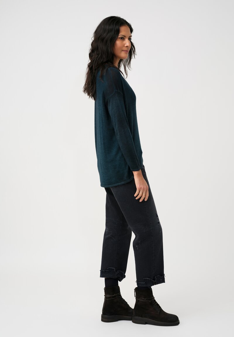 Avant Toi Hand-Painted Cashmere & Silk Maglia V-Neck Sweater in Nero & Laguna Blue
