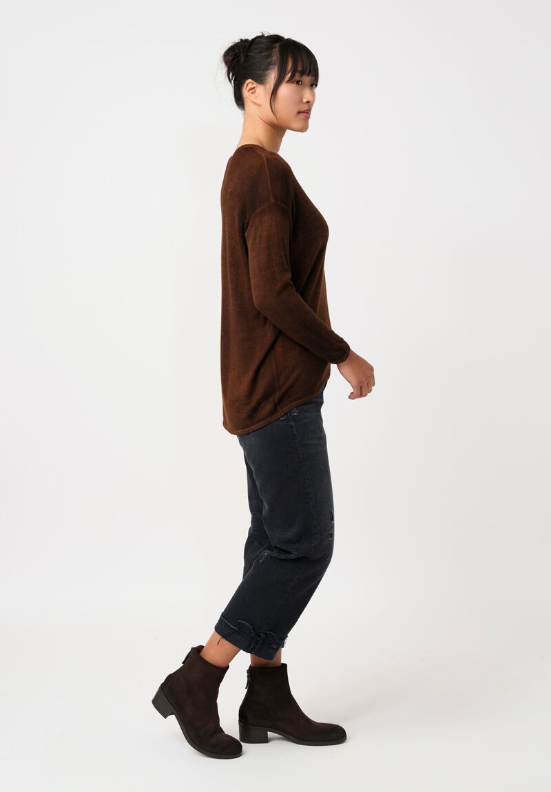 Avant Toi Cashmere & Silk V-Neck Barchetta Sweater in Nero & Antilope Brown