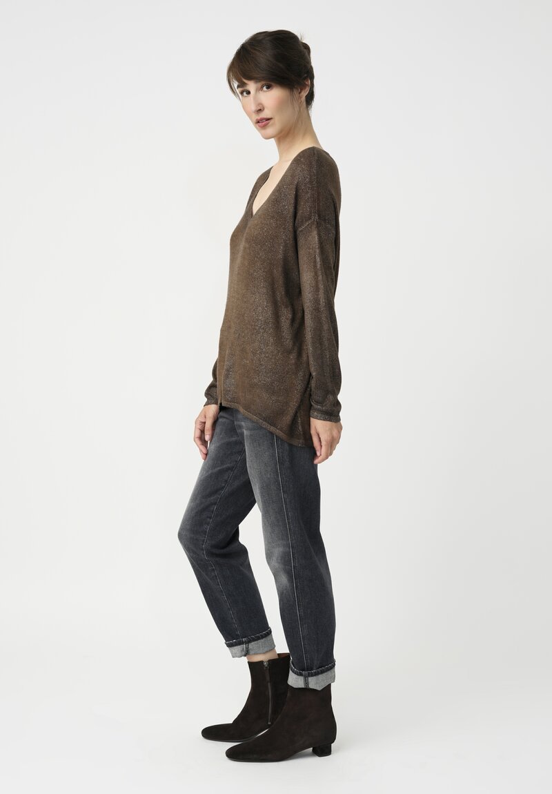 Avant Toi Cashmere & Silk V-Neck Barchetta Sweater in Stardust Nero & Sughero Brown