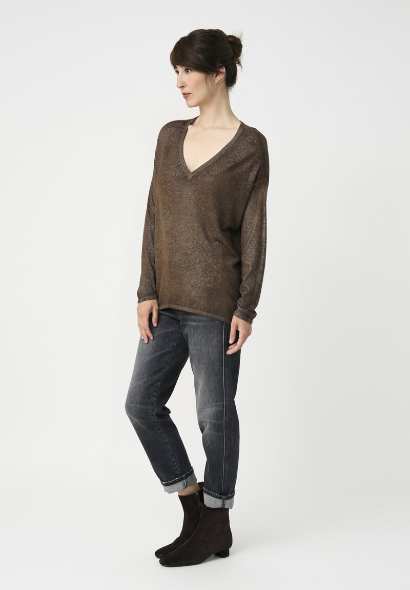 Avant Toi Cashmere & Silk V-Neck Barchetta Sweater in Stardust Nero & Sughero Brown