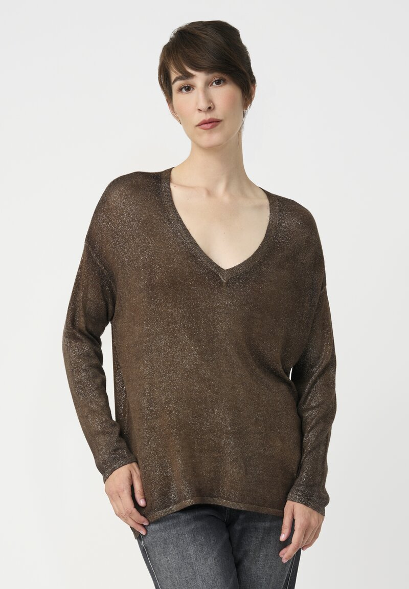Avant Toi Cashmere & Silk V-Neck Barchetta Sweater in Stardust Nero & Sughero Brown