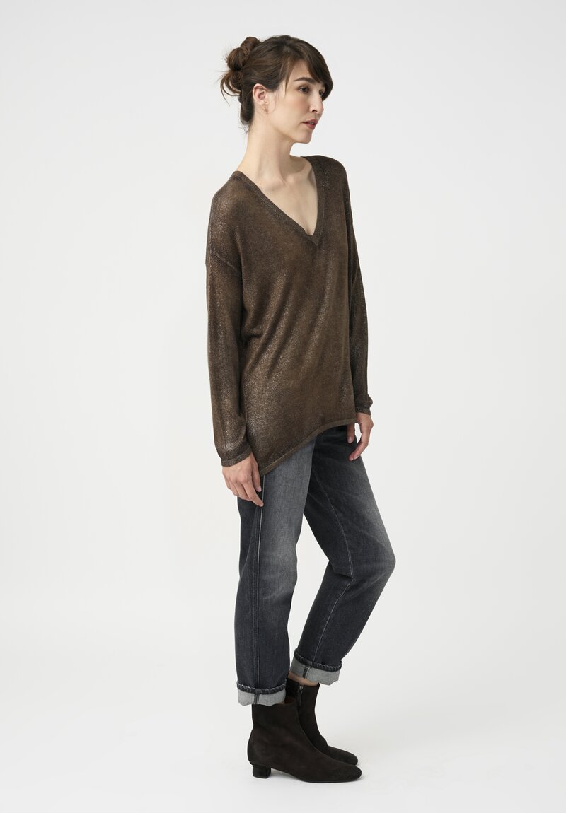 Avant Toi Cashmere & Silk V-Neck Barchetta Sweater in Stardust Nero & Sughero Brown