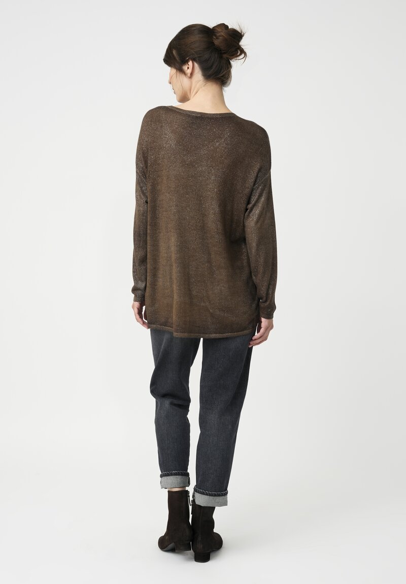 Avant Toi Cashmere & Silk V-Neck Barchetta Sweater in Stardust Nero & Sughero Brown