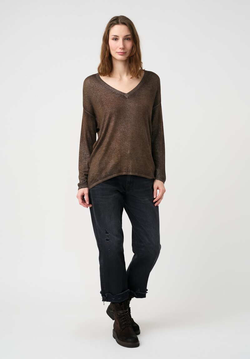 Avant Toi Cashmere & Silk V-Neck Maglia Sweater in Stardust Nero & Sughero Brown