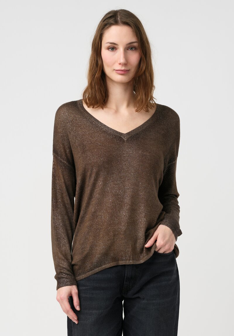 Avant Toi Cashmere & Silk V-Neck Maglia Sweater in Stardust Nero & Sughero Brown