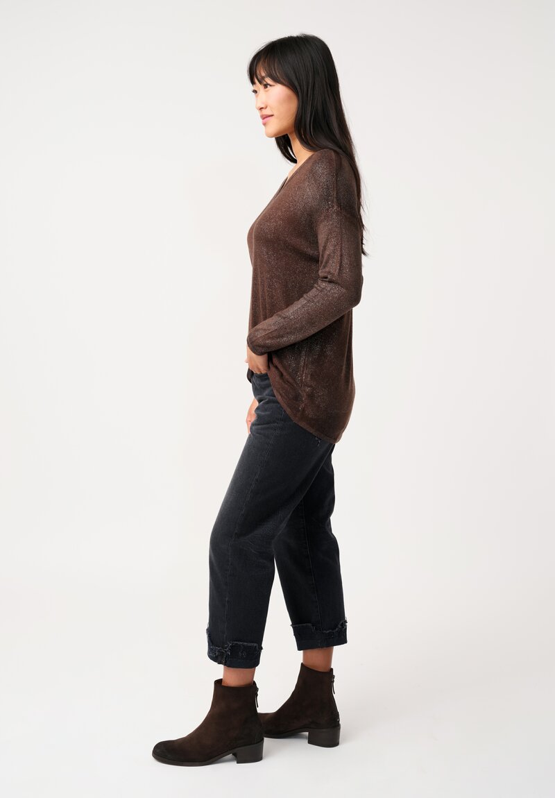 Avant Toi Cashmere & Silk V-Neck Barchetta Stardust Sweater in Nero & Brownie