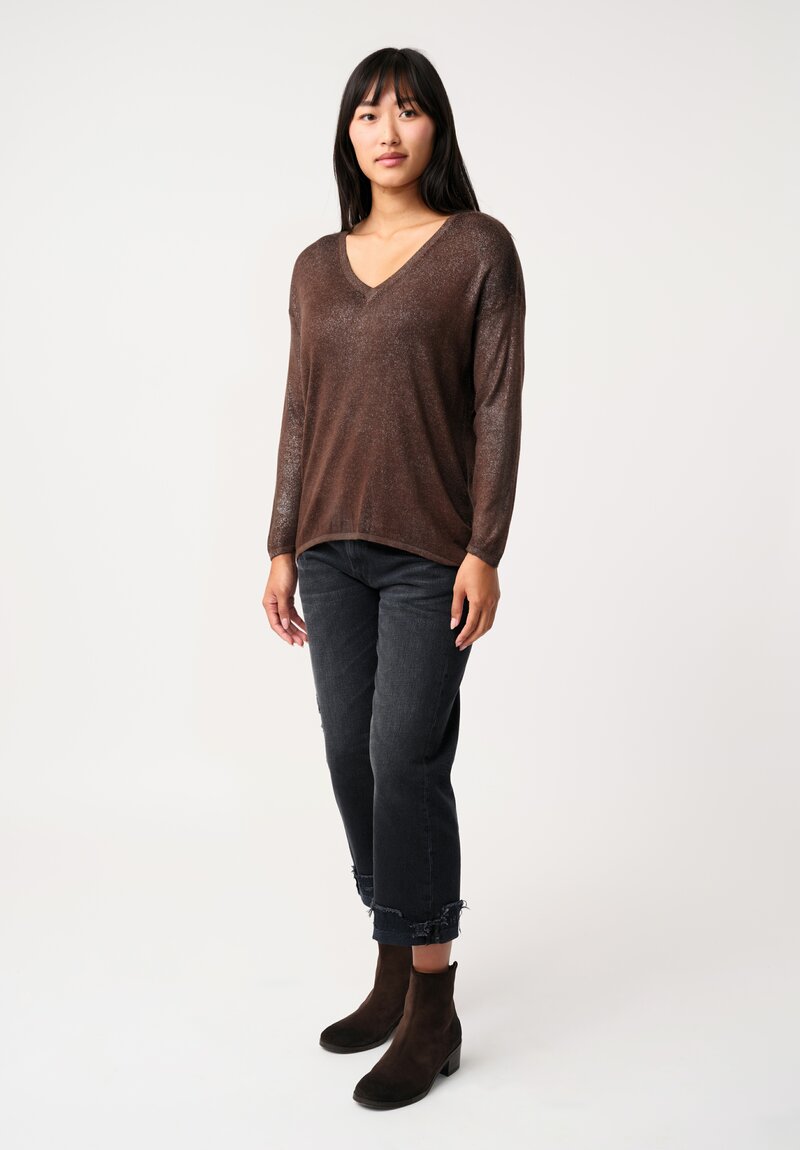 Avant Toi Cashmere & Silk V-Neck Barchetta Stardust Sweater in Nero & Brownie