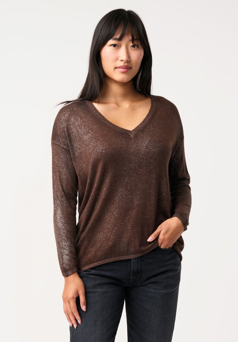 Avant Toi Cashmere & Silk V-Neck Barchetta Stardust Sweater in Nero & Brownie