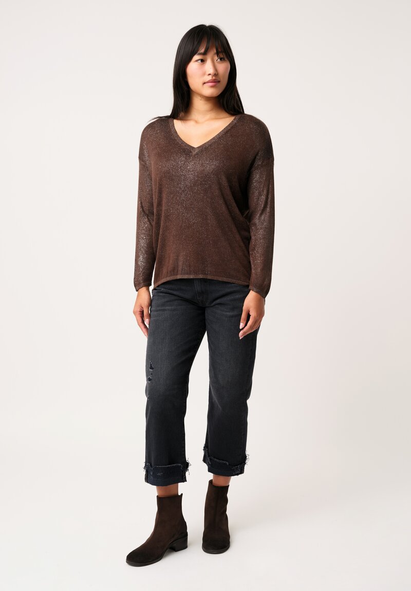 Avant Toi Cashmere & Silk V-Neck Barchetta Stardust Sweater in Nero & Brownie