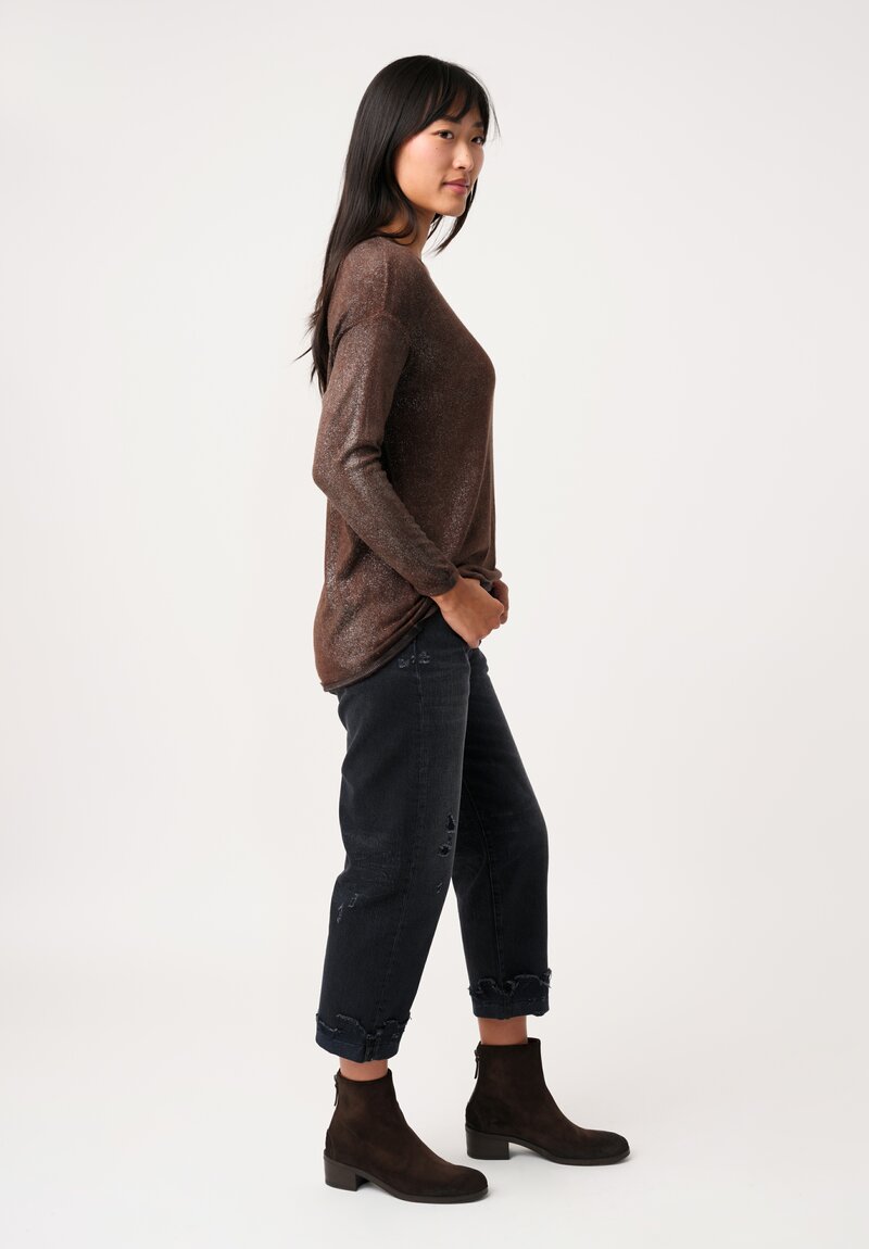 Avant Toi Cashmere & Silk V-Neck Barchetta Stardust Sweater in Nero & Brownie