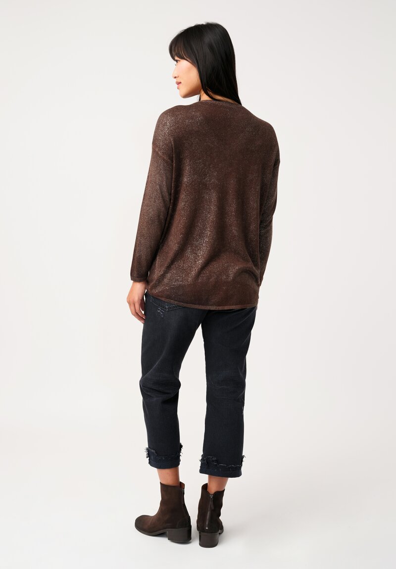 Avant Toi Cashmere & Silk V-Neck Barchetta Stardust Sweater in Nero & Brownie