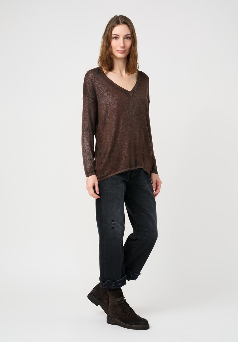 Avant Toi Cashmere & Silk Maglia V-Neck Sweater in Stardust Nero & Brownie