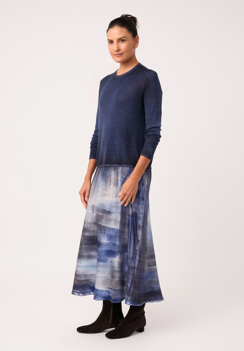 Avant Toi Hand-Painted Silk Skirt in Midnight Blue Murales
