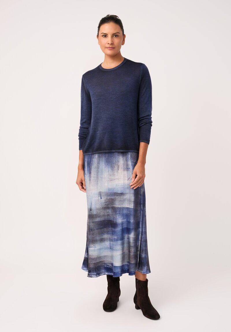 Avant Toi Hand-Painted Silk Skirt in Midnight Blue Murales