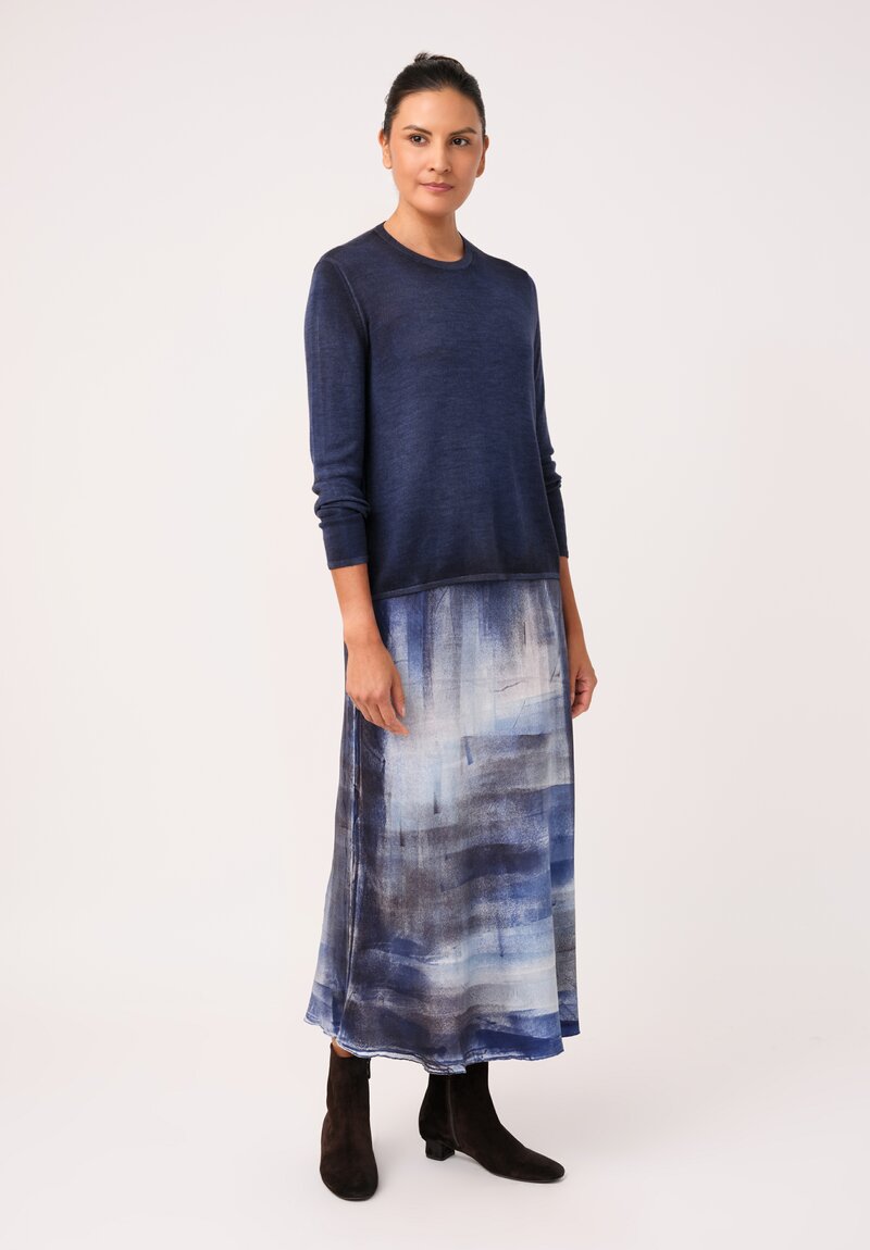 Avant Toi Hand-Painted Silk Skirt in Midnight Blue Murales