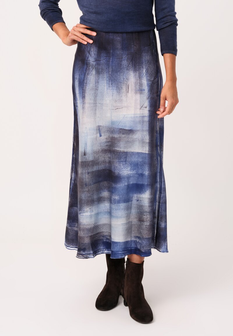 Avant Toi Hand-Painted Silk Skirt in Midnight Blue Murales
