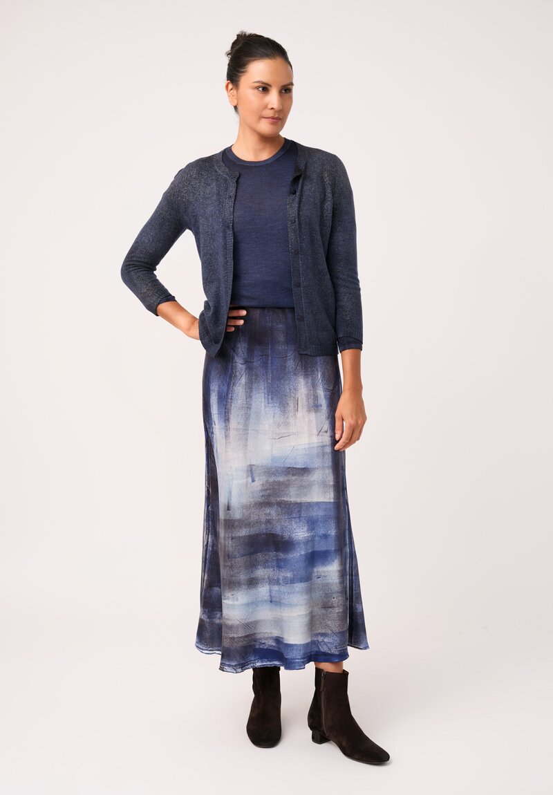 Avant Toi Hand-Painted Silk Skirt in Midnight Blue Murales