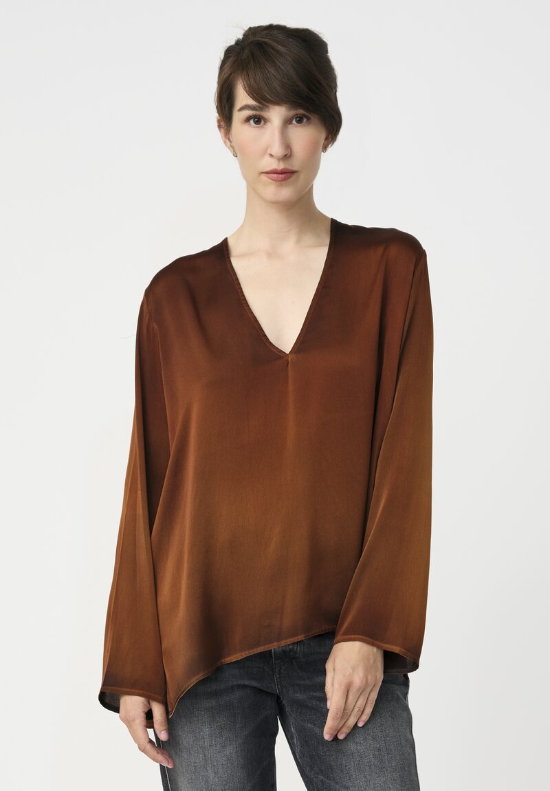 Avant Toi Silk Hand-Painted V-Neck Barchetta Top in Nero & Ambra Brown