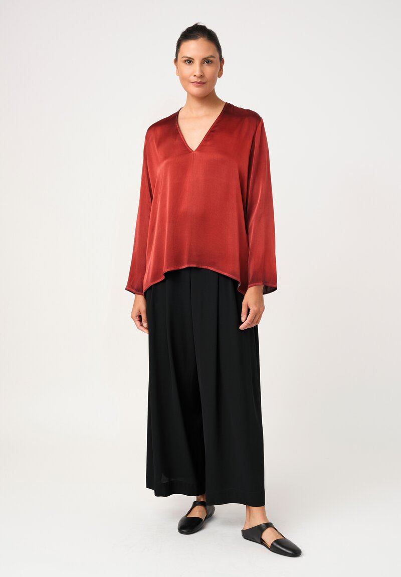 Avant Toi Hand-Painted Silk V-Neck Barchetta Top in Nero & Fuoco Red