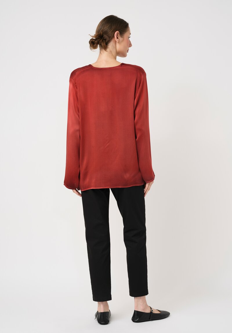 Avant Toi Hand-Painted Silk V-Neck Top in Nero & Fuoco Red