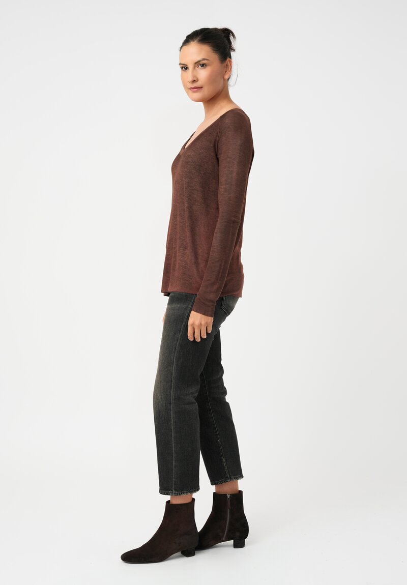 Avant Toi Ribbed V-Neck Costina Top in Nero & Brownie Brown