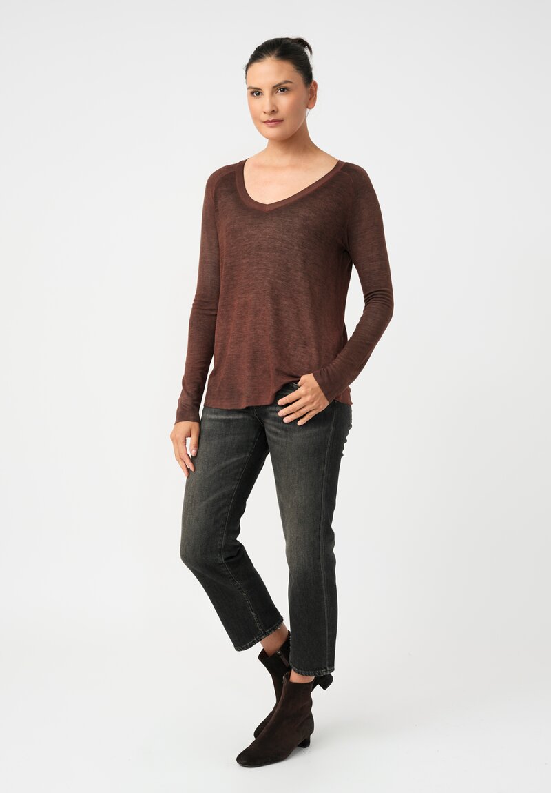 Avant Toi Ribbed V-Neck Costina Top in Nero & Brownie Brown
