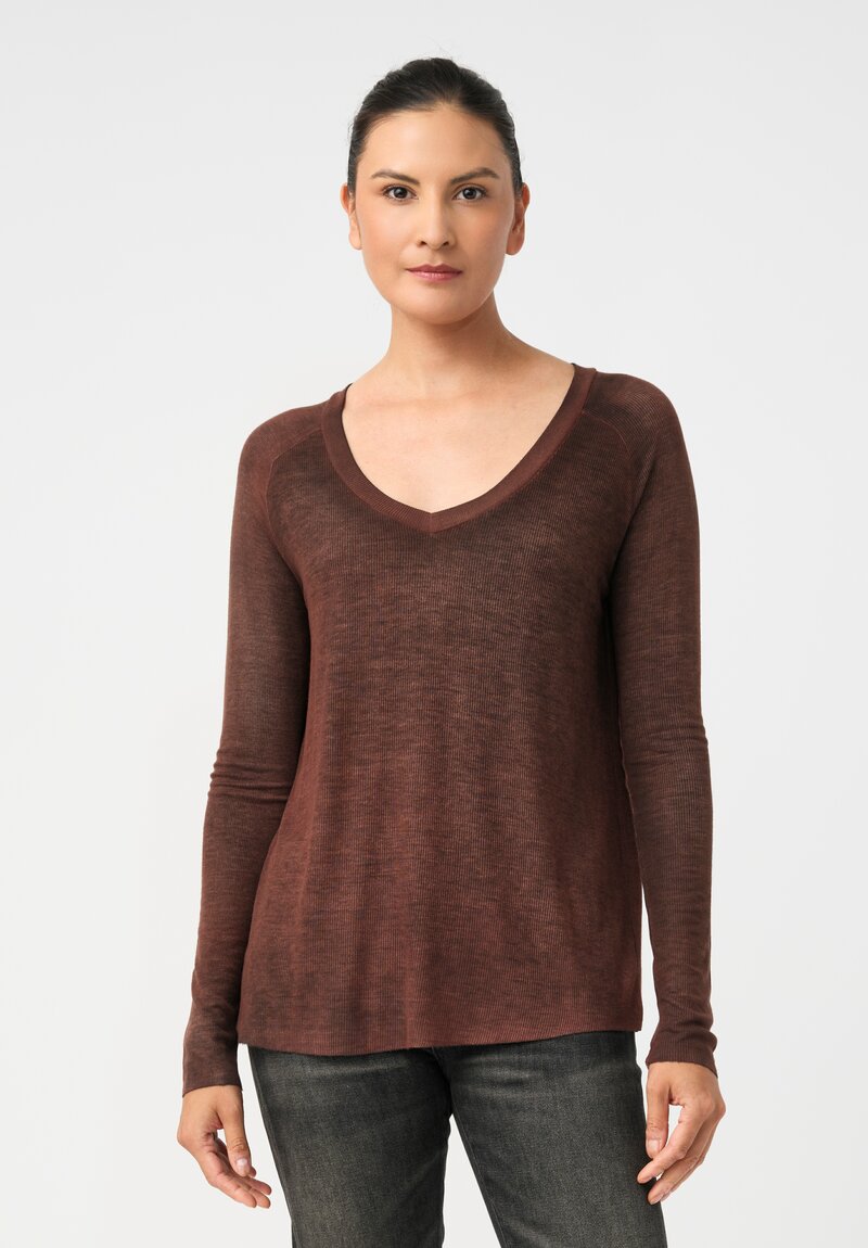 Avant Toi Ribbed V-Neck Costina Top in Nero & Brownie Brown