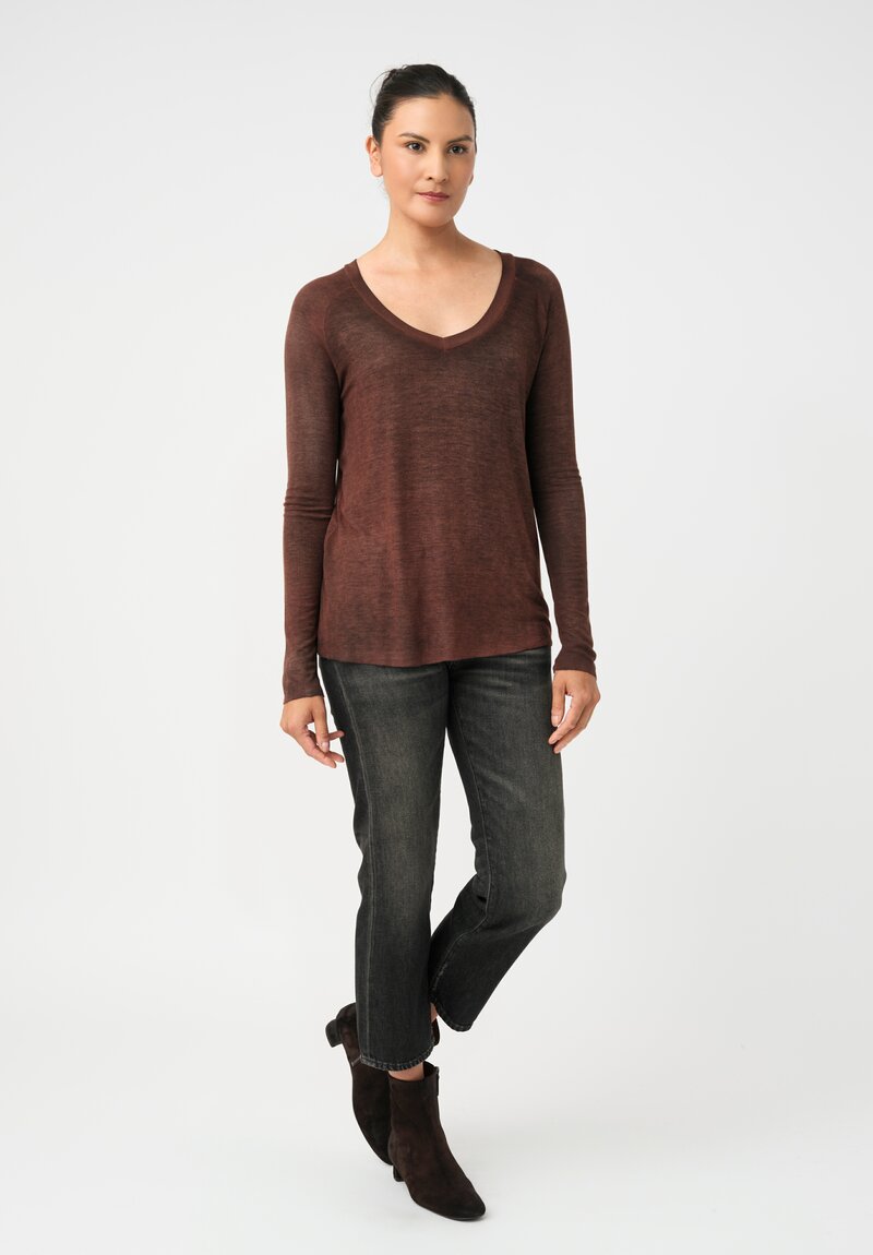 Avant Toi Ribbed V-Neck Costina Top in Nero & Brownie Brown