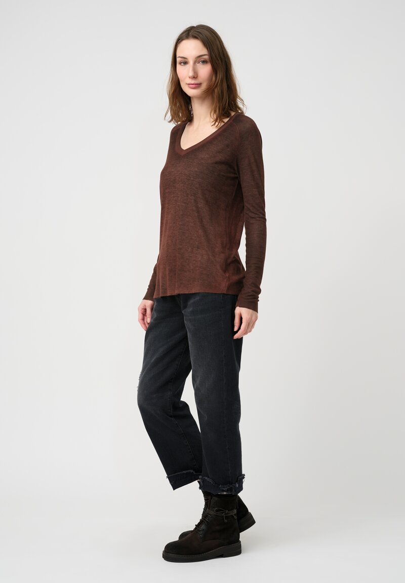 Avant Toi Ribbed V-Neck Costina Top in Nero & Brownie Brown