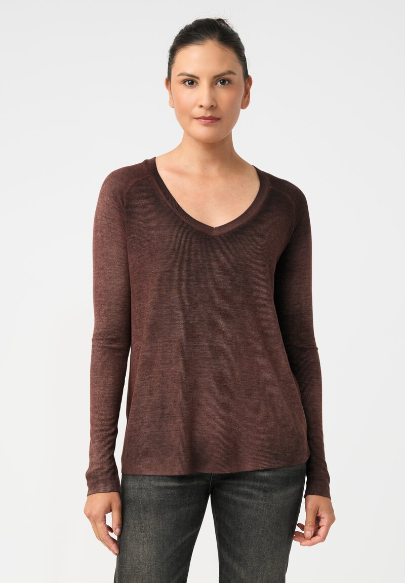 Avant Toi Ribbed V-Neck Costina Top in Nero & Moro Brown