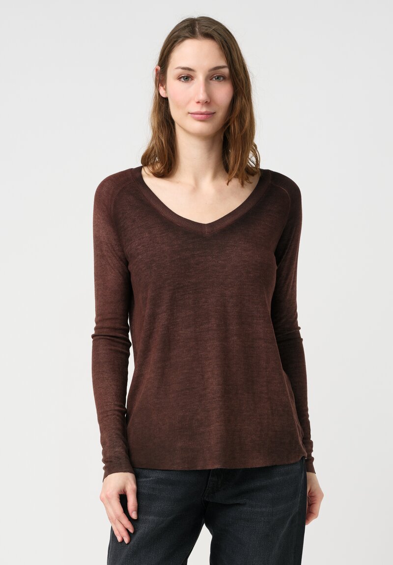 Avant Toi Ribbed V-Neck Costina Top in Nero & Moro Brown