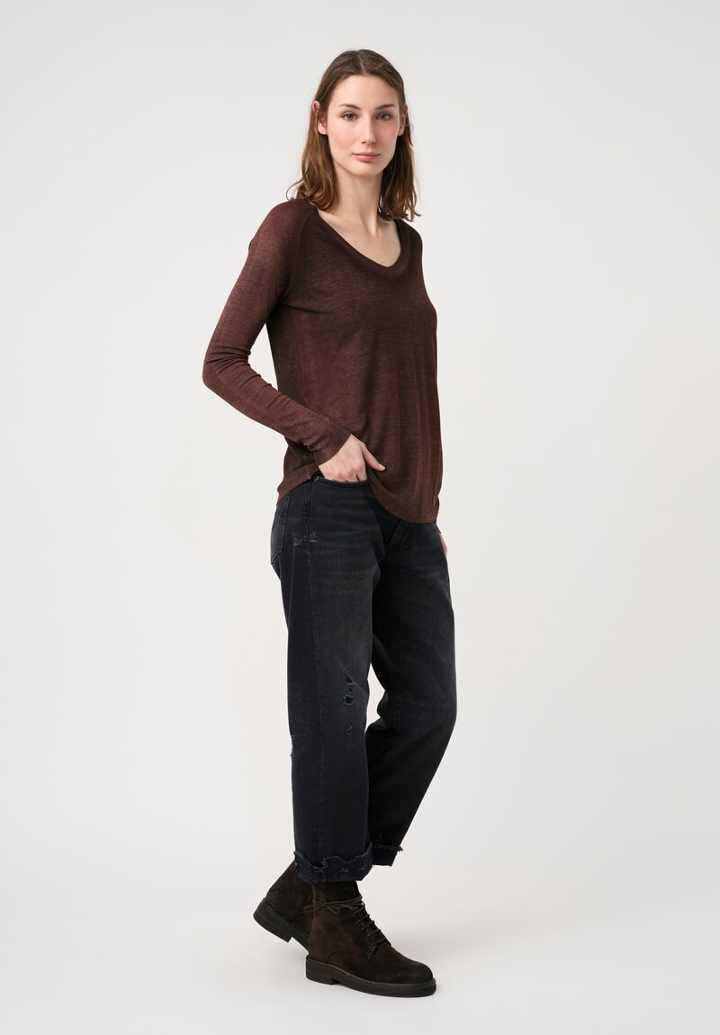 Avant Toi Ribbed V-Neck Costina Top in Nero & Moro Brown