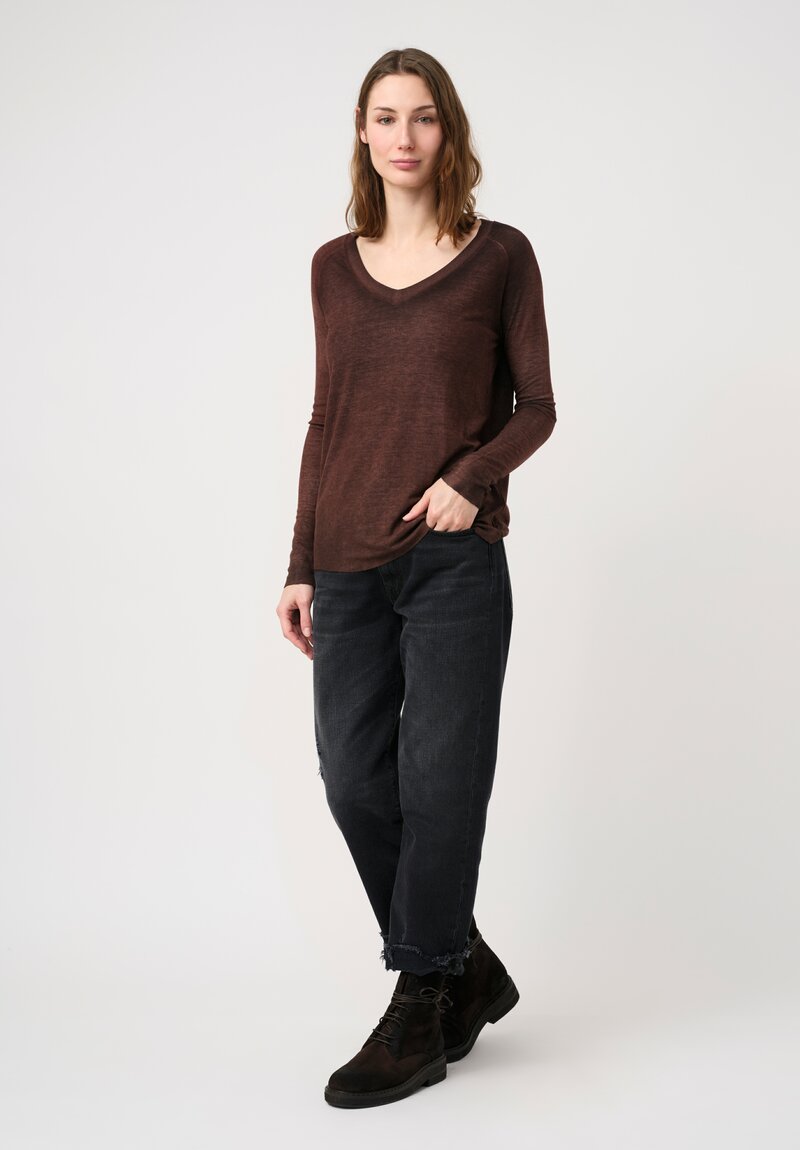 Avant Toi Ribbed V-Neck Costina Top in Nero & Moro Brown
